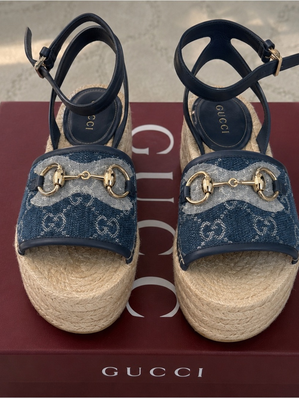 NWT Gucci Paloma GG Denim Horsebit Platform Espadrille Sandals EU 35